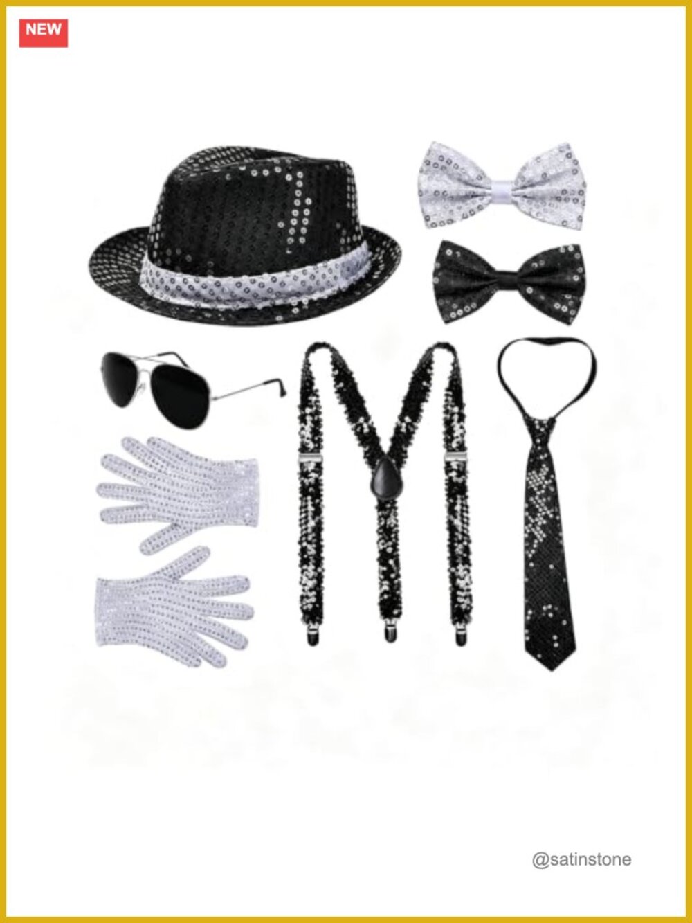 8-Piece Disco Costume Set 70s Sequin Fedora Gloves Tie Suspenders Adult Party